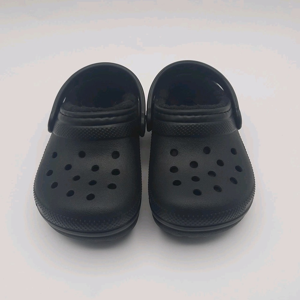 Crocs Classic Fleece Fuzz Lined Black Toddler C6 Slip On Casual Comfort EUC
